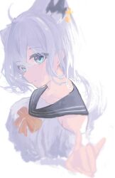 1girl ahoge animal_ears artist_request bow bowtie braid extra_ears fox_ears fox_girl fox_shadow_puppet fox_tail hair_between_eyes highres hololive holonatsu_paradise looking_at_viewer official_alternate_costume sailor_collar school_uniform shirakami_fubuki shirakami_fubuki_(holonatsu_paradise) shirt sidelocks simple_background smile solo tail virtual_youtuber white_background white_hair white_shirt