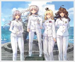 ahoge alternate_costume blonde_hair blue_eyes blue_sky braid brown_hair buttons cloud conte_di_cavour_(kancolle) crown double_bun epaulettes gangut_(kancolle) grey_hair hair_bun hairband half_up_braid highres himeyamato kantai_collection kongou_(kancolle) long_hair mini_crown monument multiple_girls ocean one_eye_closed red_eyes ribbon sky trait_connection twintails warspite_(kancolle) waves white_footwear white_uniform