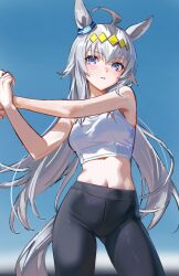 1girl absurdres ahoge animal_ears bare_shoulders blue_eyes ear_ornament ellell915 grey_tail hair_ornament highres horse_ears horse_girl horse_tail long_hair midriff navel oguri_cap_(umamusume) pants parted_lips simple_background solo sports_bra stretching tail umamusume very_long_hair white_hair white_sports_bra yoga_pants