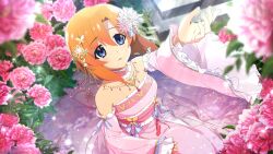 1girl bare_shoulders blue_eyes blurry bow butterfly_hair_ornament choker collarbone depth_of_field detached_sleeves dress dutch_angle flower frilled_dress frilled_sleeves frills game_cg glint hair_flower hair_ornament highres higurashi_no_naku_koro_ni higurashi_no_naku_koro_ni_mei jewelry long_dress looking_up necklace non-web_source official_art orange_hair parted_lips plant red_flower ribbon ryuuguu_rena short_hair solo standing strapless strapless_dress