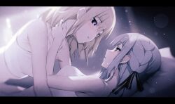 2girls arm_support bang_dream! bang_dream!_it&#039;s_mygo!!!!! black_ribbon blonde_hair bloom blue_hair blurry blurry_background breasts camisole crop_top depth_of_field eye_contact face-to-face from_side hair_ribbon hand_on_another&#039;s_neck head_on_pillow leaning_forward letterboxed lie_lack1080 light_particles looking_at_another lying medium_hair midriff misumi_uika multiple_girls open_mouth parted_lips pillow profile ribbon sidelocks sweat sweatdrop togawa_sakiko upper_body white_camisole yuri