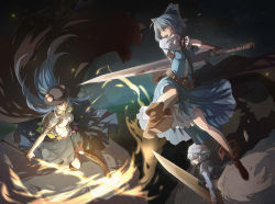 Rule 34 | 3girls, advent cirno, belt, blue eyes, blue hair, boots, bow, cape, cirno, cross-laced footwear, dress, hair bow, hat, highres, hinanawi tenshi, igneous25, letty whiterock, long hair, multiple girls, open mouth, red eyes, short hair, smile, sword, sword of hisou, touhou, weapon