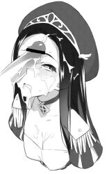 1boy 1girl after_fellatio bar_censor blush breasts bukkake censored choker clarice_lapis collarbone cum cum_in_mouth cum_on_body cum_on_breasts cum_on_clothes cum_on_hair cum_on_tongue cum_on_upper_body ejaculation facial greyscale hat heart hetero long_hair monochrome penis penis_on_face salt_(salty) simple_background solo_focus uchi_no_hime-sama_ga_ichiban_kawaii white_background