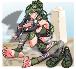 1girl absurdres arknights barefoot dreadlocks feet ga320aaa gavial_(arknights) green_hair grin highres long_hair looking_at_viewer one_eye_closed pointy_ears shoes smile soles steam stirrup_legwear sweat toeless_legwear toes unworn_shoes yellow_eyes