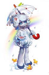 1girl :3 animal_ears animal_feet animal_hands baby_animal barefoot bear_ears bear_girl bear_tail bird blue_eyes commentary duck duckling frog furry furry_female highres holding holding_umbrella hood hood_down long_sleeves looking_up original pawpads ponytail puddle rain rainbow raincoat scene_cut see-through_clothes see-through_raincoat short_hair short_ponytail simple_background skullsideart solo symbol-only_commentary tail thick_eyelashes umbrella white_background white_hair