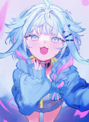1girl :3 :d absurdres ahoge black_choker blue_eyes blue_hair blue_jacket braid choker hair_flaps highres hololive hololive_dev_is jacket long_hair looking_at_viewer mile_(off8mile) mizumiya_su multicolored_hair o-ring o-ring_choker open_mouth pink_hair smile solo streaked_hair twin_braids virtual_youtuber