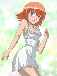 1girl apron bakugan blue_eyes blush breasts cleavage costume highres maid maid_apron mira_fermin no_panties orange_hair short_hair takappe