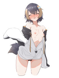 1girl :3 animal_hood armpits black_hair black_hoodie blonde_hair blush bottomless breasts closed_eyes fish_hair_ornament folded_ponytail hair_between_eyes hair_ornament highres hood hoodie kkillusked multicolored_hair nijisanji nijisanji_en nipples penguin_girl penguin_hood penguin_tail petite petra_gurin short_hair short_sidetail sidelocks small_breasts solo streaked_hair tail two-tone_hoodie white_hoodie