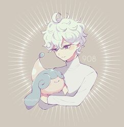 Rule 34 | 1boy, affectionate, ahoge, bede (pokemon), closed mouth, commentary request, curly hair, gen 8 pokemon, hair between eyes, hatenna, highres, holding, holding pokemon, long sleeves, looking down, male focus, nintendo, pokemon, pokemon (creature), pokemon swsh, purple eyes, shinogo no, shirt, short hair, smile, twitter username, watermark, white shirt