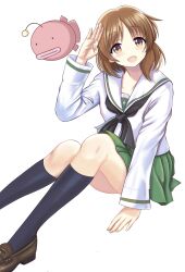 ._. 1girl :d absurdres black_neckerchief black_socks brown_eyes brown_hair brown_shoes commentary_request floating foot_out_of_frame girls_und_panzer green_skirt hand_rest hand_up highres kneehighs knees_up loafers long_sleeves miniskirt neckerchief nishizumi_miho ooarai_school_uniform open_mouth pleated_skirt sailor_collar school_uniform serafuku shirt shoes short_hair simple_background sitting skirt smile socks solo split_mouth white_background white_sailor_collar white_shirt winter_uniform zaofeng