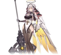 1girl angelis_(starward) bare_shoulders black_gloves breasts dress elbow_gloves gloves grey_hair hair_ornament halberd halo holding holding_weapon huge_weapon large_breasts looking_at_viewer mechanical_halo mechanical_wings nun official_art parted_lips pelvic_curtain polearm smile solo starward transparent_background weapon white_hair wing_hair_ornament wings yellow_eyes