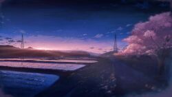 Rule 34 | black sky, blue sky, cherry blossoms, cloud, commentary, evening, gradient sky, hati 98, highres, no humans, original, outdoors, reflection, rice paddy, road, scenery, sky, transmission tower, tree, water
