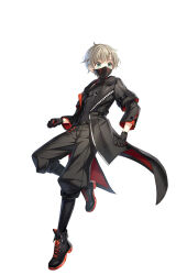 Rule 34 | 1boy, black gloves, black jacket, black pants, black shirt, black shoes, closers, full body, gloves, green eyes, grey hair, highres, jacket, leg up, long sleeves, looking to the side, male focus, mask, mistilteinn (closers), mouth mask, official art, open clothes, open jacket, pants, shirt, shoes, short hair, simple background, solo, white background