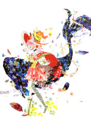 1girl abstract_background black_choker blush boots cape cathinthecloud choker closed_eyes commentary dress english_commentary facing_down feathers flower from_behind hat hat_flower knee_boots long_sleeves original parted_bangs profile puffy_long_sleeves puffy_sleeves red_cape red_dress red_hair sidelocks signature skirt solo striped_clothes striped_skirt vertical-striped_clothes vertical-striped_skirt walking whale white_background white_boots witch_hat