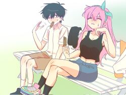 Rule 34 | 1boy, 1girl, ^ ^, ankle socks, aqua hairband, aubrey (faraway) (omori), aubrey (omori), bare arms, bare shoulders, black eyes, black hair, black shoes, black socks, black sweater, black tank top, blue skirt, blush, bow hairband, breasts, bright pupils, cleavage, clenched teeth, closed eyes, collarbone, collared shirt, commentary request, crossed legs, denim, denim skirt, double-parted bangs, food, food in mouth, foot out of frame, green background, hair behind ear, hair between eyes, hairband, hand on own cheek, hand on own face, highres, holding, holding food, holding popsicle, hot, iomor snuuy, jacket, kneehighs, korean commentary, large breasts, loafers, long hair, looking at viewer, midriff, miniskirt, navel, omori, on bench, one eye closed, orange sailor collar, pink hair, popsicle, popsicle in mouth, sailor collar, shirt, shoes, short hair, short sleeves, simple background, sitting, skirt, sneakers, socks, sunny (omori), sweatdrop, sweater, tank top, teeth, two-tone background, unworn jacket, unworn sweater, very long hair, white background, white jacket, white pupils, white shirt, white shoes, white socks