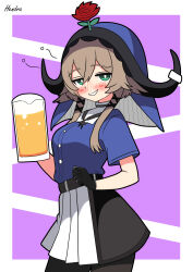 1girl absurdres alcohol arknights artist_name beer beer_mug black_gloves black_pantyhose blue_hood blue_shirt blush breasts bright_pupils brown_hair commentary cup detached_hood drunk flower gloves green_eyes grin hair_flower hair_ornament hendra highres holding holding_cup looking_at_viewer medium_breasts mug pallas_(arknights) pantyhose parted_lips purple_background red_flower shirt short_hair short_sleeves simple_background skirt smile solo white_pupils
