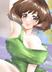 1girl :d akiyama_yukari arm_up armpits bare_shoulders blush breasts brown_eyes brown_hair butterfly_sitting cleavage close-up cowboy_shot eyes_visible_through_hair girls_und_panzer glowing glowing_eyes green_tank_top hair_between_eyes half-closed_eyes happy highres house in_heat large_breasts looking_at_viewer medium_hair messy_hair open_mouth out_of_frame simple_background sitting smile solo tank_top teeth trollzamahd upper_teeth_only