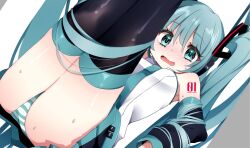 Rule 34 | 1girl, aqua eyes, aqua hair, aqua necktie, aqua panties, black skirt, black sleeves, black thighhighs, blush, character name, detached sleeves, embarrassed, feet out of frame, hatsune miku, koyubisennti, legs up, long hair, looking at viewer, lying, necktie, number tattoo, on back, panties, parted lips, power symbol-shaped pupils, shirt, simple background, skirt, sleeveless, sleeveless shirt, solo, striped clothes, striped panties, sweat, symbol-shaped pupils, tattoo, thighhighs, twintails, underwear, upside-down, very long hair, vocaloid, wavy mouth, white background, white panties, white shirt