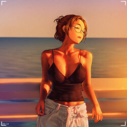 1girl a.x. absurdres against_railing bare_arms black_camisole breasts brown_eyes brown_hair camisole closed_mouth collarbone commentary_request evening glasses highres horizon lips medium_breasts mole mole_under_eye navel ocean original outdoors pants railing round_eyewear short_hair sidelocks sunset white_pants