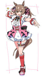 1girl animal_ears bow bowtie breasts brown_hair center_frills dress durindana_7 frills full_body garter_straps gyaru_v hands_up high_tops highres horse_ears horse_tail kneehighs open_mouth outstretched_arm pink_skirt red_socks shoes short_hair short_sleeves single_garter_strap skirt small_breasts smart_falcon_(umamusume) smile sneakers socks solo standing star_(symbol) suspender_skirt suspenders tail thigh_strap twintails umamusume v w white_background white_dress wrist_cuffs yellow_eyes