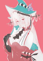 Rule 34 | 1girl, absurdres, aqua hat, arknights, ascot, bare shoulders, black ascot, cassava sketch, clothing cutout, detached sleeves, dress, gloves, hair between eyes, hand up, hat, highres, long hair, looking at viewer, navel cutout, parted lips, red dress, red eyes, skadi (arknights), skadi the corrupting heart (arknights), solo, white hair