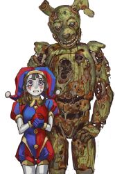 1boy 1girl absurdres animal_ears animatronic asymmetrical_eyelashes asymmetrical_gloves behind_another blue_eyes blue_gloves blush_stickers brown_hair colored_sclera colored_skin cowboy_shot crossover five_nights_at_freddy&#039;s gloves hand_on_another&#039;s_shoulder hand_on_own_hip hat hat_bell height_difference highres jester jester_cap looking_at_viewer mismatched_gloves mossacannibalis multicolored_eyes open_mouth own_hands_together parted_lips pomni_(the_amazing_digital_circus) puffy_sleeves rabbit_ears red_eyes red_gloves robot rust scared short_sleeves sidelocks simple_background smile springtrap striped_clothes striped_headwear sweat teeth the_amazing_digital_circus two-tone_eyes vertical-striped_clothes vertical-striped_headwear white_background white_skin