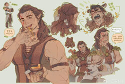 1boy absurdres affectionate animal_ears animalization artist_request baldur&#039;s_gate baldur&#039;s_gate_3 bara bear_boy bear_ears brown_hair chibi chibi_inset chinese_text collage cropped_torso cross-laced_slit dark-skinned_male dark_skin dungeons_&amp;_dragons multiple_expressions facial_mark fangs from_behind full_body halsin headpat highres kemonomimi_mode large_pectorals long_hair looking_at_viewer male_focus mature_male muscular muscular_male pectoral_cleavage pectorals pointy_ears shouting sideburns sidepec sleeveless thick_eyebrows translation_request yonic_symbol