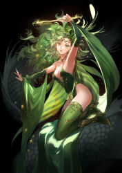 1girl arm_up boots breasts bridal_gauntlets cape circlet cleavage dark detached_sleeves dragon_tail earrings final_fantasy final_fantasy_iv fingernails fireflies gloves green_boots green_cape green_eyes green_gloves green_hair green_leotard green_lips green_nails green_thighhighs hair_ornament high_heel_boots high_heels highres holding holding_wand jewelry kneeling leotard lipstick long_fingernails long_hair makeup medium_breasts mist_dragon nail_polish necklace out_of_frame parted_lips rydia_(ff4) scales star_(symbol) star_earrings star_hair_ornament suzuki_rika tail thigh_boots thighhighs wand