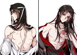 Rule 34 | 2boys, abs, aninsigsi, back, bare back, bare pectorals, bare shoulders, bishounen, black hair, black hanfu, branded, chinese clothes, closed mouth, clothes down, coat, coat partially removed, collarbone, from behind, grey coat, hair down, hair ribbon, half updo, hanfu, headband, highres, korean commentary, lan wangji, long hair, looking at viewer, looking to the side, male focus, modao zushi, multiple boys, navel, off shoulder, official alternate costume, official alternate hairstyle, open clothes, open coat, open robe, pectorals, red eyes, red ribbon, ribbon, robe, robe partially removed, sash, sidelocks, simple background, smile, toned, toned male, topless male, undressing, upper body, wei wuxian, wei wuxian (yiling laozu), white background, white hanfu, white ribbon, yellow eyes