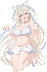 1girl absurdres animal_ear_fluff animal_ears bare_shoulders bikini blonde_hair blue_eyes breasts cleavage collarbone cowboy_shot dog_ears dog_girl fuwawa_abyssgard highres hololive hololive_english large_breasts multicolored_hair navel paradox_(hatto_air) pink_hair simple_background solo standing standing_on_one_leg streaked_hair swimsuit two-tone_hair two_side_up virtual_youtuber white_background white_bikini