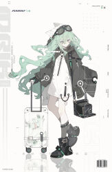 1girl 2025 absurdres animal_ear_headphones animal_ears artist_name barcode beanie belt belt_buckle black-framed_eyewear black_belt black_boots black_gloves blue_eyes boots buckle camera cat_ears closed_mouth commentary creature dress expressionless eyelashes fake_animal_ears full_body gloves goggles goggles_on_head green_hair grey_jacket grey_socks hair_between_eyes halftone hat headphones highres holding holding_camera holding_suitcase jacket kneehighs knees leg_belt long_hair long_sleeves looking_to_the_side o_o open_clothes open_jacket original puffy_long_sleeves puffy_sleeves reflective_floor sample_watermark shoe_belt short_dress sleeves_past_wrists socks speech_bubble standing striped_clothes striped_headwear suitcase symbol-only_commentary tearing_up toriki vertical-striped_clothes vertical-striped_headwear very_long_hair watermark wavy_hair white_background white_dress white_hat