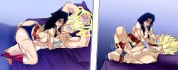 1boy 1girl amazon_warrior artist_request ass bdsm blush bondage boots bound clothed_female_nude_male cum cum_in_pussy dc_comics diana_prince dragon_ball femdom girl_on_top happy_sex heavy_breathing hetero highres hoowk huge_ass lipstick looking_at_another lying makeup nude penis saiyan sex smile son_goku spread_legs super_saiyan uncensored vaginal wonder_woman