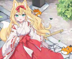 1girl animal_ear_fluff animal_ears blonde_hair broom commentary fangs feet_out_of_frame fox fox_ears fox_girl fox_tail fuwafuwa-chan_(kamiyoshi_rika) green_eyes hair_ribbon hakama holding holding_broom japanese_clothes kamiyoshi_rika long_hair looking_at_viewer miko open_mouth original red_hakama red_ribbon ribbon ribbon-trimmed_sleeves ribbon_trim signature smile solo standing tail very_long_hair wavy_hair wide_sleeves