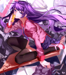1girl bad_id bad_pixiv_id bakemonogatari blue_eyes desk female_focus horikwawataru long_hair monogatari_(series) purple_hair school_desk school_uniform senjougahara_hitagi shoes solo stapler thighhighs uwabaki