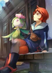 1girl :o arezu_(pokemon) blue_hoodie blue_sky boots brown_bag cloud crossed_legs day diamond_clan_outfit gradient_legwear grey_pantyhose highres hisuian_lilligant hood hood_down hoodie light_rays long_sleeves nintendo open_mouth outdoors pantyhose pokemon pokemon_(creature) pokemon_legends:_arceus puffy_long_sleeves puffy_sleeves red_eyes red_hair red_pantyhose short_hair sitting sky twitter_username two-tone_legwear two-tone_pantyhose yomogi_(black-elf)