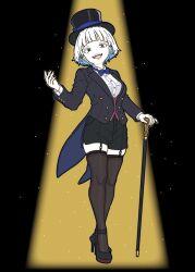 1girl black_hat black_jacket black_shoes black_shorts black_thighhighs blue_bow blue_bowtie bob_cut bow bowtie cane commentary hat high_heels highres jacket looking_at_viewer no_nose nonnki open_mouth original shirt shoes short_hair short_shorts shorts solo spotlight symbol-only_commentary teeth thigh_strap thighhighs top_hat upper_teeth_only white_hair white_shirt