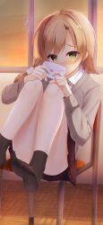 1girl black_socks blush brown_hair brown_skirt cardigan closed_mouth collared_shirt commentary_request convenient_leg feet furrowed_brow green_eyes grey_cardigan hair_between_eyes hair_ornament hair_scrunchie hands_up highres holding holding_letter indoors knees_up letter long_hair long_sleeves looking_at_viewer love_letter low_side_ponytail mikuni_sairi miniskirt mizuka_academy_school_uniform no_shoes nose_blush on_chair pleated_skirt reiji_tsukimi school_uniform scrunchie shirt sitting skirt smile socks soles solo sunset tenshi_souzou_re-boot! thighs toes white_scrunchie white_shirt