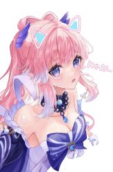 1girl :d blue_sleeves blush breasts bubble chonako cleavage collarbone commentary_request detached_collar detached_sleeves drawn_ears drawn_whiskers genshin_impact gloves hair_between_eyes highres long_hair looking_at_viewer medium_breasts open_mouth pink_hair purple_eyes sangonomiya_kokomi sidelocks simple_background smile solo upper_body very_long_hair vision_(genshin_impact) white_background white_gloves