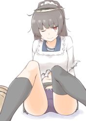 1girl akara_kai apron asymmetrical_legwear black_hair burnt_clothes fish hair_ribbon highres isokaze_(kancolle) isokaze_(saury_festival)_(kancolle) kantai_collection kappougi long_hair long_sleeves looking_at_viewer panties pleated_skirt purple_panties red_eyes ribbon saury school_uniform single_sock single_thighhigh sitting skirt socks solo sweatdrop thighhighs torn_clothes underwear uneven_legwear white_background