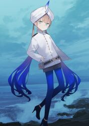 1boy androgynous astg beach belt belt_pouch black_shoes blue_background blue_hair blue_pantyhose blunt_bangs brown_hair brown_shorts buttons captain_nemo_(fate) captain_nemo_(first_ascension)_(fate) closed_mouth expressionless fate/grand_order fate_(series) full_body game_cg gradient_hair green_eyes hand_on_own_hip hat_feather high_collar high_heels horizon jacket leg_up long_hair looking_at_viewer low_twintails male_focus multicolored_hair nemo_(fate) official_art overcast pantyhose pantyhose_under_shorts pouch shoes short_shorts shorts shoulder_boards sidelocks sky sleeves_past_wrists solo standing standing_on_one_leg stiletto_heels third-party_source twintails variant_set very_long_hair waves white_jacket white_turban