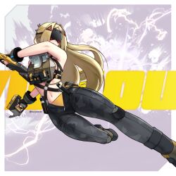 1girl black_blindfold black_pants blindfold blonde_hair camouflage camouflage_pants covered_eyes feet_out_of_frame gun hair_ornament holding holding_gun holding_weapon latex_pants long_hair midriff morynocle navel nude pants tight_clothes tight_pants triangle_hair_ornament trigger_(zenless_zone_zero) weapon zenless_zone_zero zipper_pull_tab