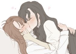 2girls black_hair blush brown_hair closed_eyes dress f_et french_kiss hand_on_another&#039;s_back heart isolde_(reverse:1999) kakania_(reverse:1999) kiss long_hair multiple_girls reverse:1999 shirt simple_background sweat white_background white_dress white_shirt