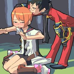 2girls ;o alchemist alchemist_(sekaiju) alchemist_2_(sekaiju) androgynous arm_guards atlus belt bent_over black_hair blush bodysuit etrian_odyssey full-face_blush full_body headpat lowres medic_(sekaiju) medic_2_(sekaiju) multiple_girls oekaki one_eye_closed orange_hair parted_lips short_hair sitting wariza wince yuri