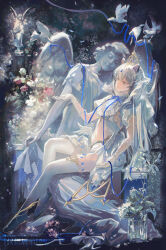 1girl animal_ears arm_cutout beads bird black_boots blue_bow blue_bowtie blue_gemstone boots bow bowtie breasts cangchen cat_ears catching chinese_commentary circlet cleavage_cutout clothing_cutout commentary_request commission dove flower frilled_gloves frills full_body garden gem gem_hair_ornament gloves gold_tiara grey_eyes hair_between_eyes half-closed_eyes hat_ornament highres long_hair long_skirt looking_at_hand navel on_lap original outdoors outstretched_arm parted_lips petals pink_flower puffy_short_sleeves puffy_sleeves sample_watermark shirt short_sleeves showgirl_skirt sideboob sitting skirt smile solo star_(symbol) star_hat_ornament statue stomach_cutout thighhighs vase very_long_hair vest water watermark white_flower white_gloves white_hair white_shirt white_skirt white_thighhighs white_vest