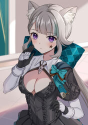 1girl animal_ears argyle black_capelet black_dress black_gloves blush bow breasts capelet cat_ears cat_girl cleavage cleavage_cutout clothing_cutout collared_dress dress facial_mark genshin_impact gloves green_bow green_skirt grey_hair harimoji highres layered_skirt long_hair looking_at_viewer lynette_(genshin_impact) medium_breasts ponytail purple_eyes sidelocks skirt solo star_(symbol) star_facial_mark two-tone_gloves white_gloves white_sleeves