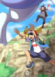 2boys ash_ketchum baseball_cap black_hair blue_eyes blue_jacket blue_shorts bright_pupils brown_eyes commentary creatures_(company) day facial_mark flying game_freak gen_1_pokemon gen_2_pokemon goh_(pokemon) grey_sweater hat highres jacket jumping legendary_pokemon looking_up lugia male_focus mountain multiple_boys nintendo open_mouth phone pikachu pokemon pokemon_(anime) pokemon_(creature) pokemon_journeys red_shirt sergiromero shirt shoes shorts sweater two-tone_shirt white_pupils white_shirt