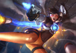 Rule 34 | 1girl, absurdres, brown hair, energy gun, firing, goggles, highres, looking to the side, missile, open mouth, orange pants, overwatch, pants, short hair, skin tight, solo, tracer (overwatch), weapon, wee kiat goh