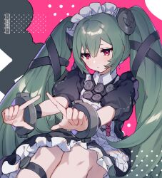 1girl apron black_dress collared_dress commentary_request corin_wickes cuffs dress expressionless facing_viewer feet_out_of_frame green_hair guzangnanfeng hands_up highres light_blush long_hair looking_ahead maid maid_apron maid_headdress partial_commentary pink_background puffy_short_sleeves puffy_sleeves purple_eyes screw_hair_ornament short_sleeves simple_background solo translation_request twintails white_apron zenless_zone_zero