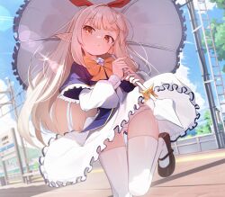 1girl absurdres commentary day domado english_commentary highres holding holding_umbrella long_hair original outdoors panties pointy_ears shoes solo standing standing_on_one_leg thighhighs umbrella underwear white_panties white_thighhighs