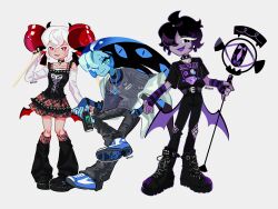 1girl alternate_costume black_bow black_sapphire_cookie bow candy_apple candy_apple_cookie candy_apple_hair_ornament cookie_run cookie_run:_kingdom dress eye_brooch food highres humanization looking_at_viewer michelin_(p0lo09) neck_ruff puffy_sleeves red_eyes shadow_milk_cookie short_hair smile white_hair